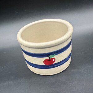 Vintage Stoneware Crock Jar Blue Stripe Cherry Apple Storage Container Farmhouse